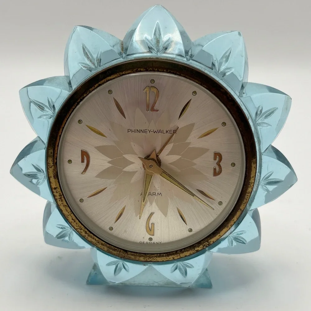 Vtg Phinney Walker Blue Lucite Alarm Clock MCM Flower Star Germany Parts Only